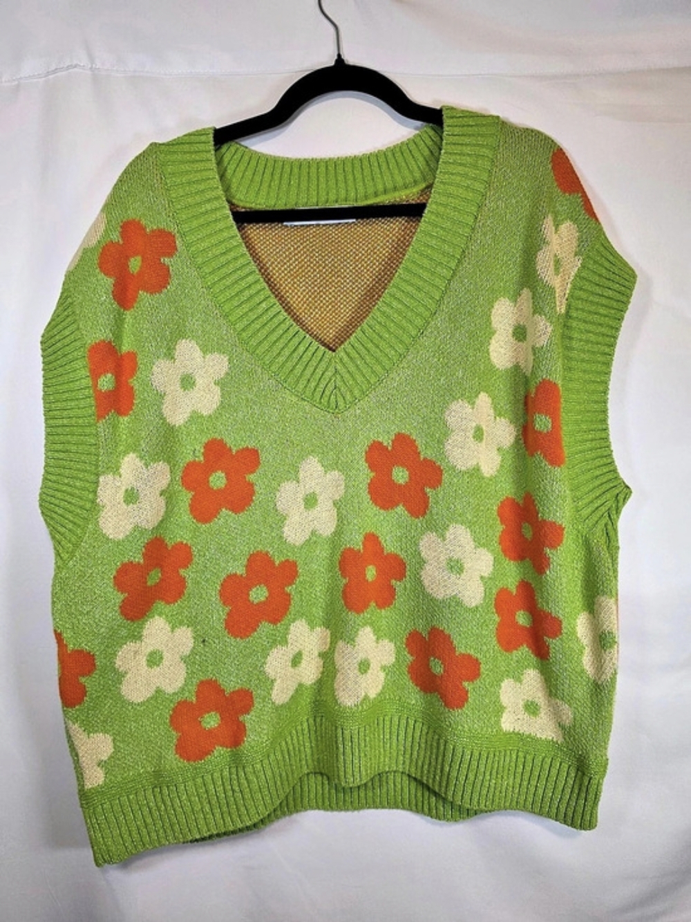 Zara Floral V-Neck Sweater Vest in Green & Orange Size Medium Business Causal